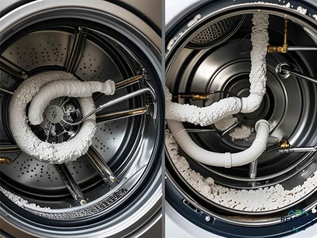 Hard water mineral buildup damage on Los Angeles appliances including washing machine and dishwasher components requiring repair services