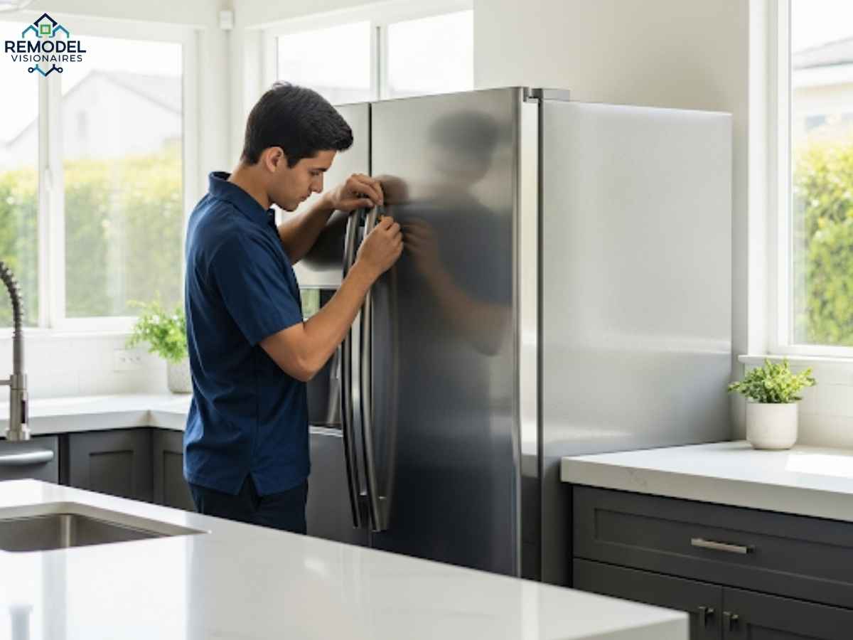 Technician repairing refrigerator in modern Los Angeles kitchen, providing same-day emergency appliance repair service