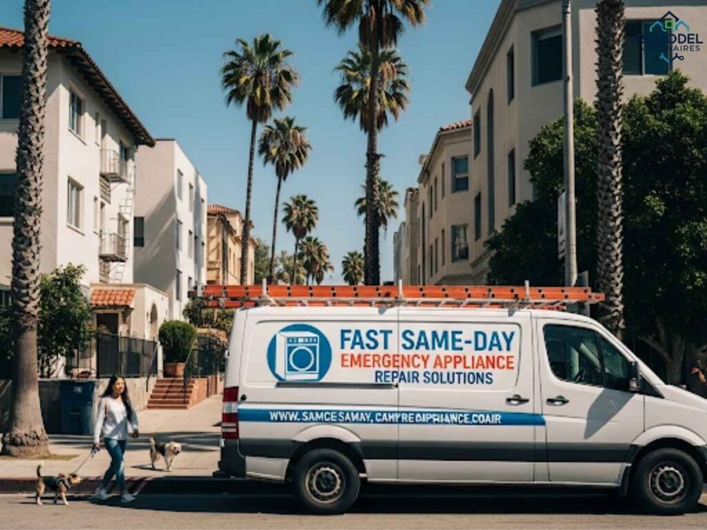 Los Angeles neighborhood street with appliance repair van offering fast same-day emergency appliance repair solutions