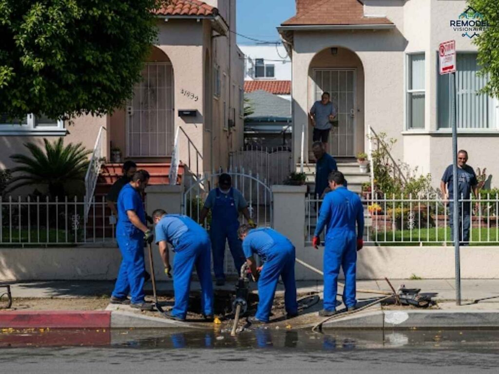 Burst pipe repair work underway in a Los Angeles residential neighborhood