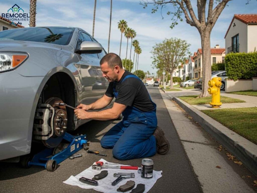 Technician replacing brake pads on vehicle in Los Angeles neighborhood