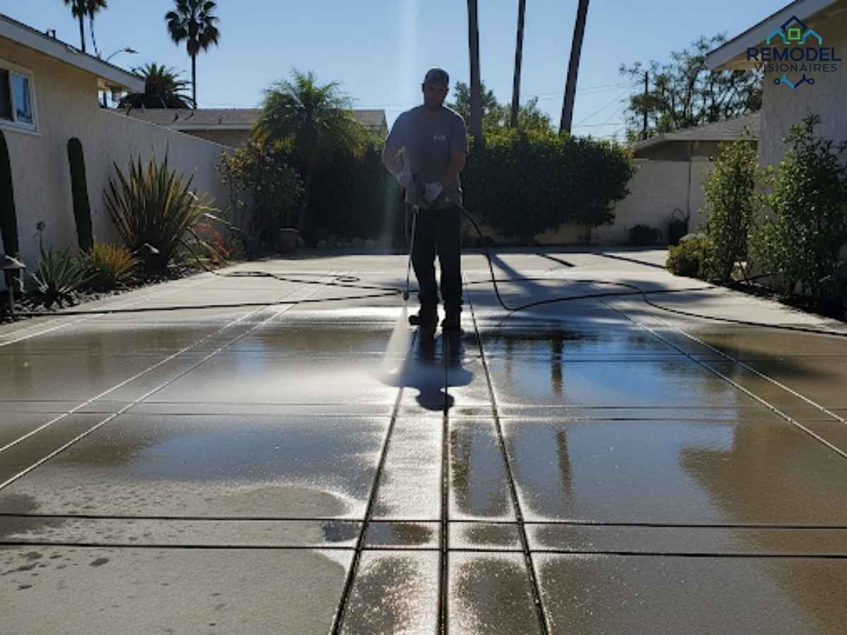 Pressure washing a Chicago-style concrete driveway under Los Angeles sunshine