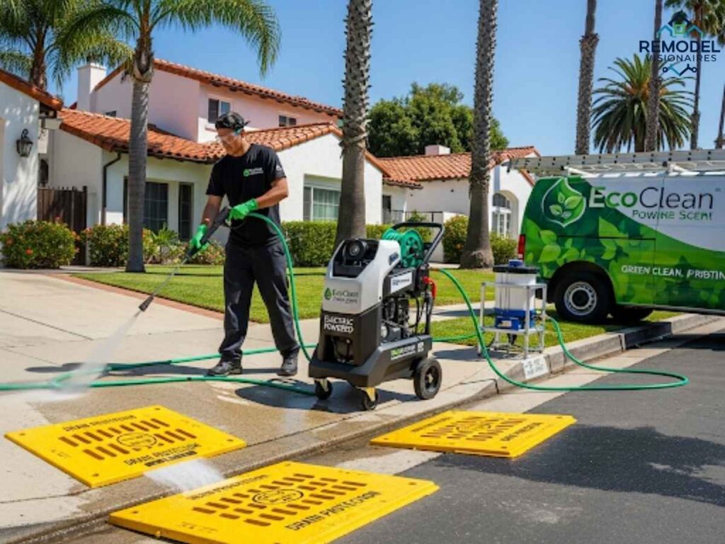 Eco-friendly pressure washing service using storm drain covers in Los Angeles neighborhood