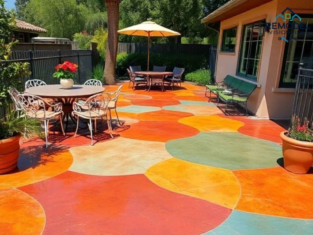 Decorative concrete stain on River Park patio in Los Angeles with vibrant color finish