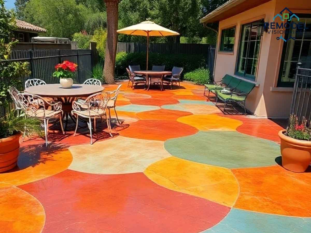 Decorative concrete stain on River Park patio in Los Angeles with vibrant color finish