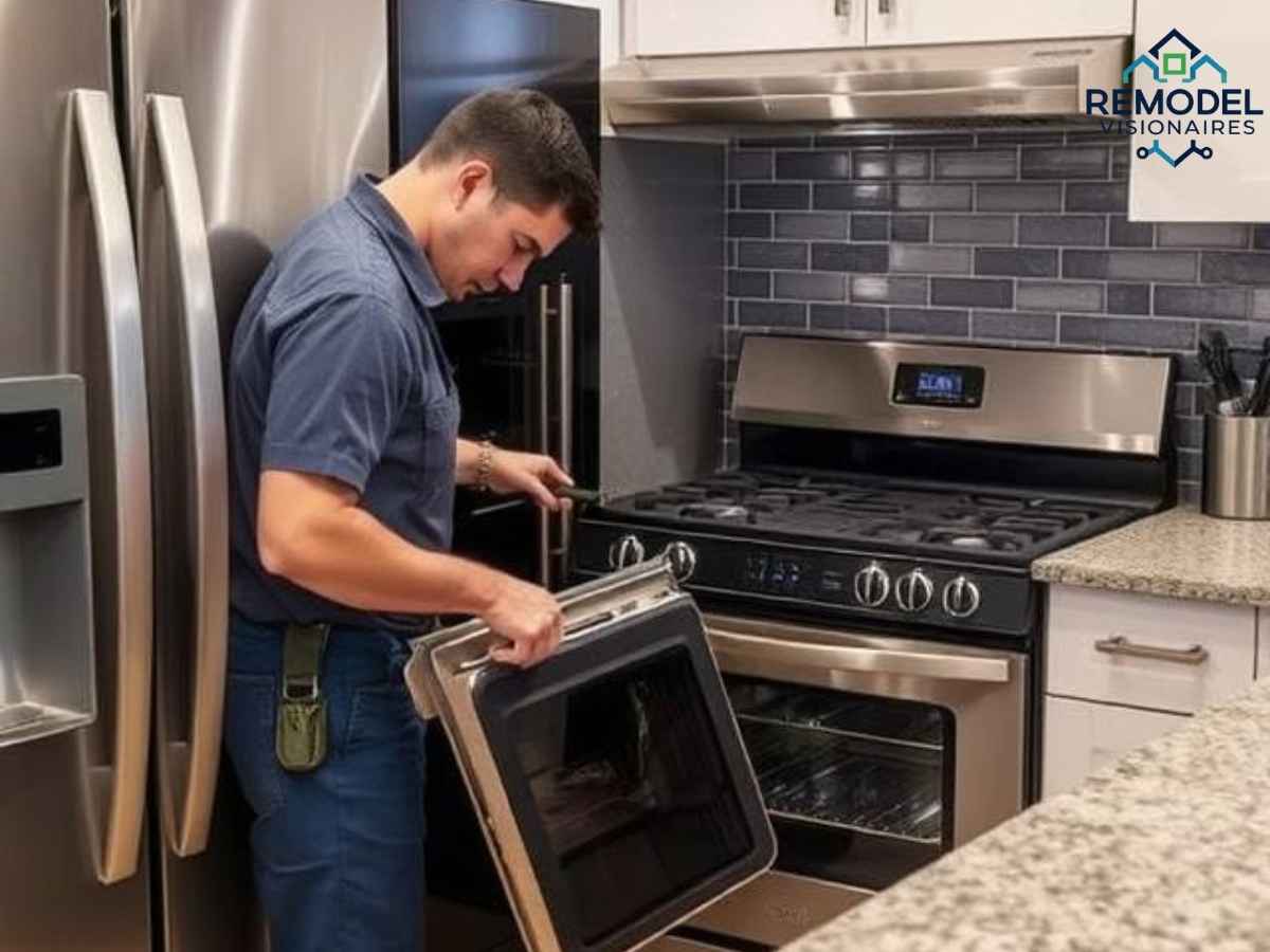 Technician performing appliance repair in a Belmont Shore Los Angeles kitchen