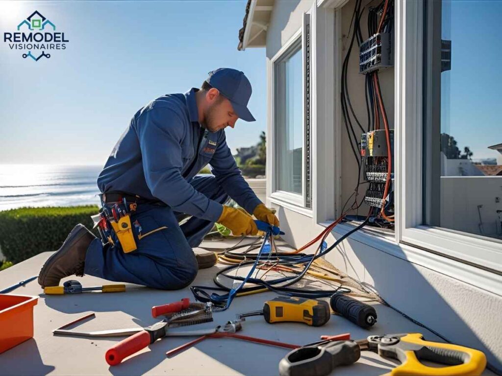 Technician repairing sprinkler wiring in coastal Oceanview Los Angeles home