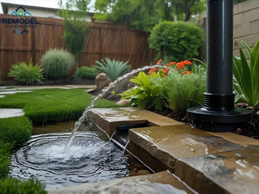 Rainwater flowing through Stonestown downspout in Los Angeles backyard garden