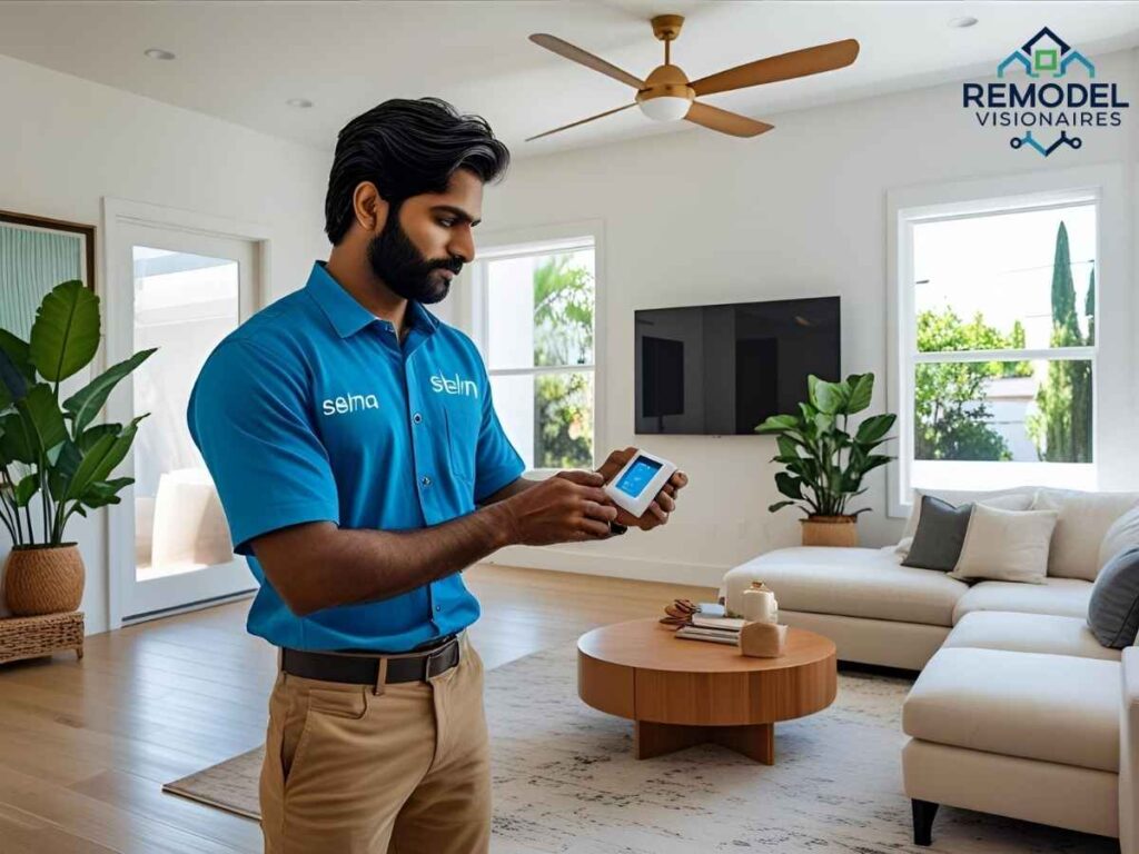 Technician installing Selma smart thermostat in a bright Los Angeles living room before summer heat