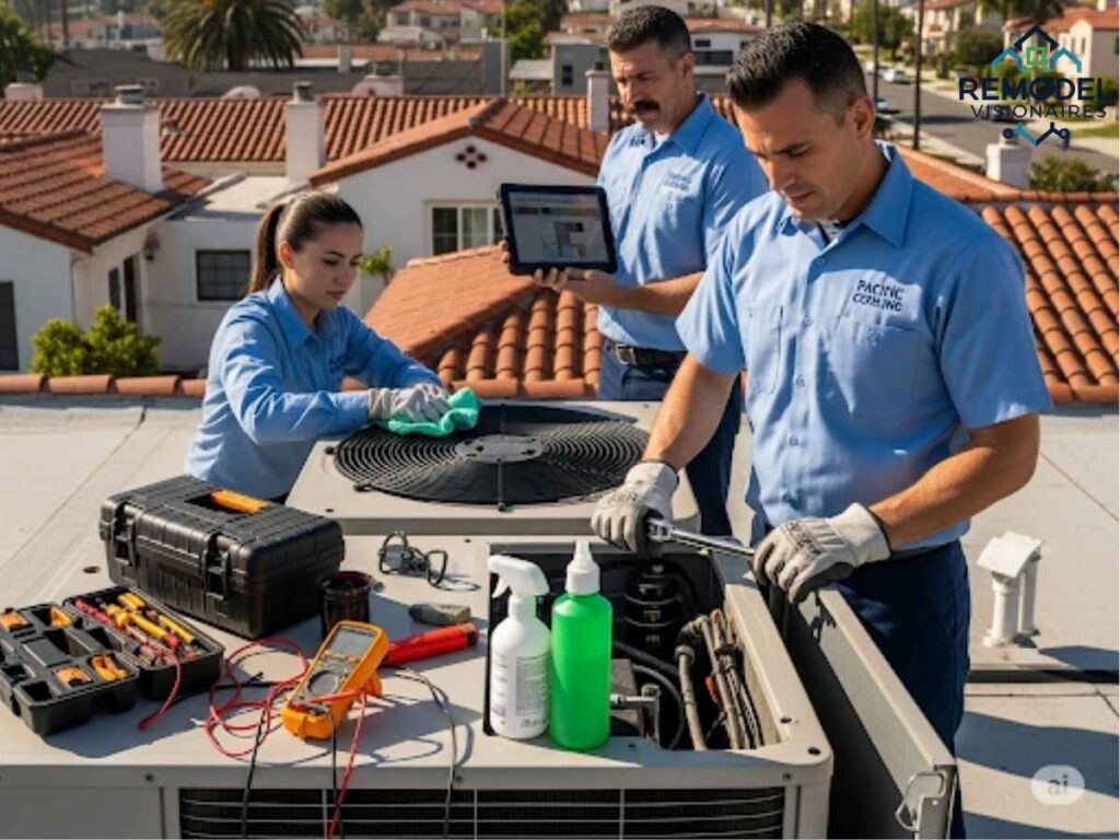 Air conditioning maintenance team servicing residential HVAC system in Los Angeles area