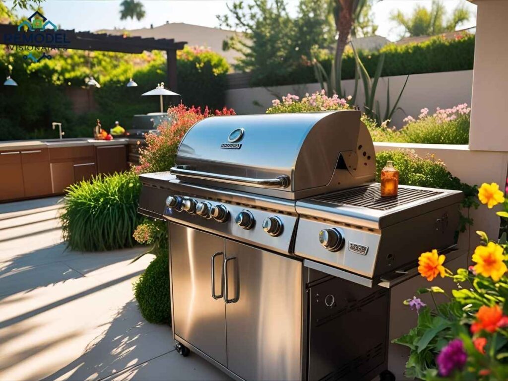 Cleaned and shiny gas grill in a Los Angeles backyard outdoor kitchen