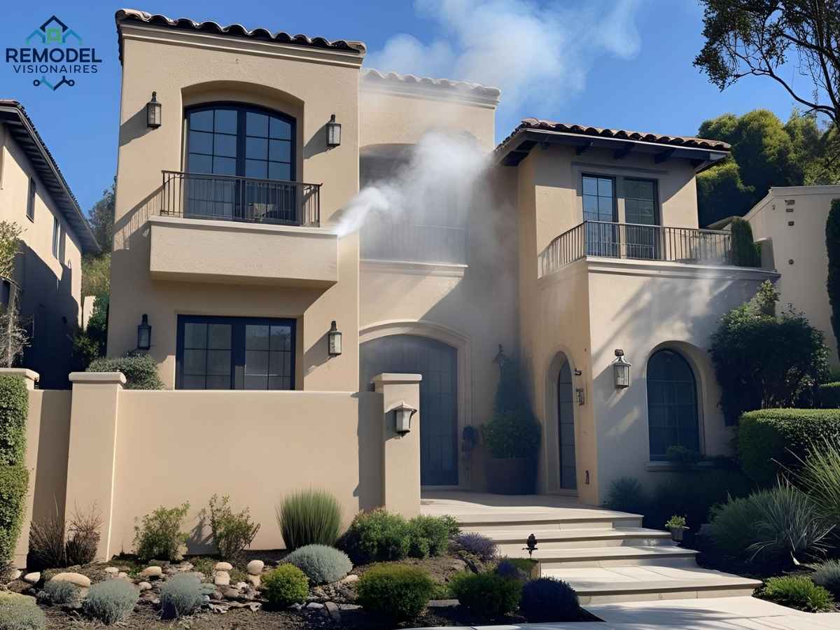 Los Angeles stucco home with exterior misting system protecting walls from wildfire smoke damage