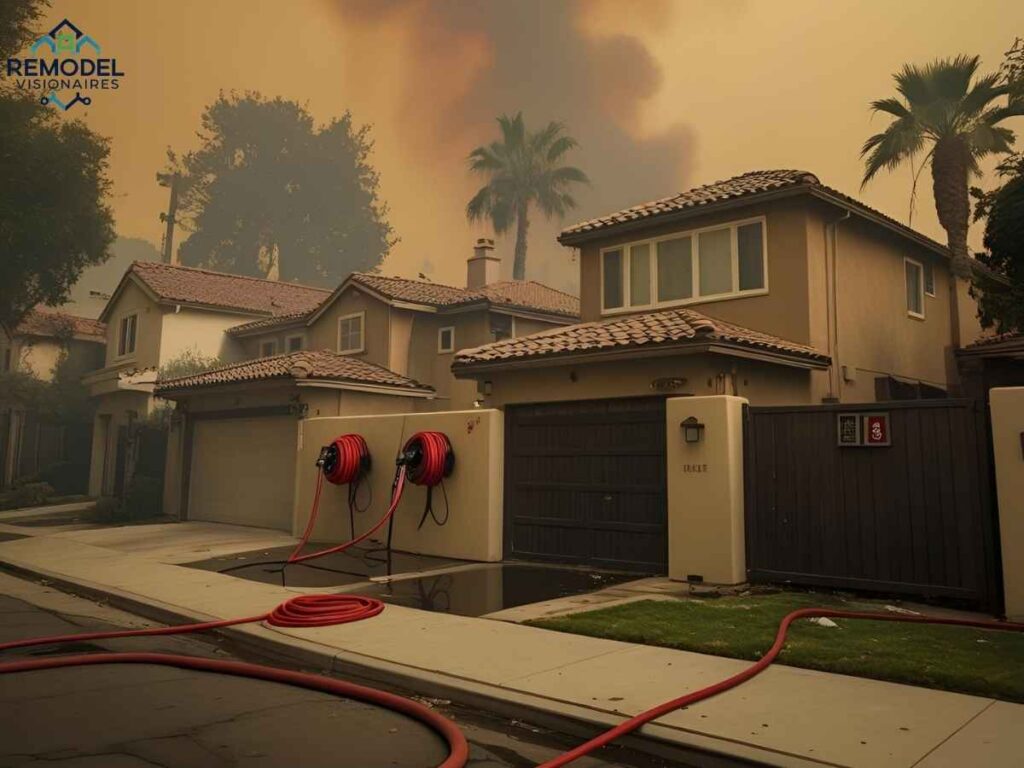 Wildfire smoke haze over Los Angeles neighborhood with homes actively using smoke damage prevention measures