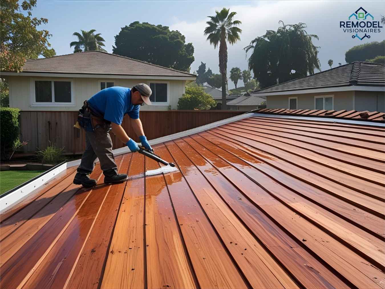 Sealing a redwood roof before winter rain in Los Angeles residential area