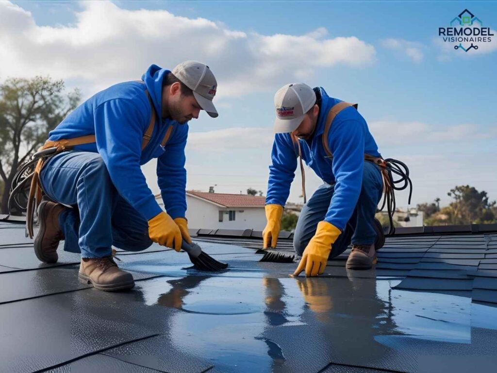Los Angeles roofing team applying waterproof sealant for winter rain protection