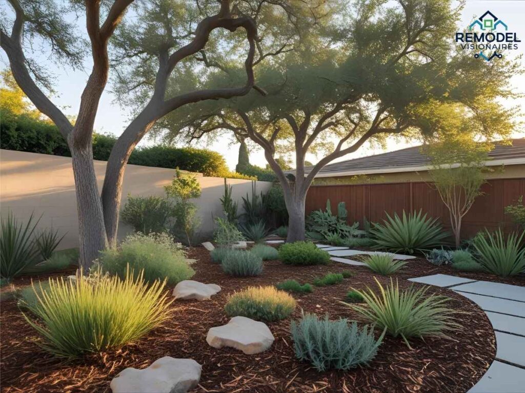 Drought-tolerant garden featuring California oaks in Los Angeles residential backyard setting