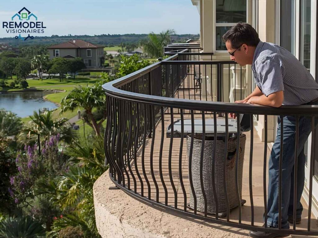 Professional inspecting balcony railing for rust in Los Angeles Naples Island residence