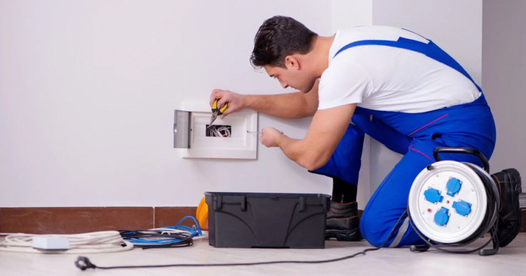 Licensed handyman repairing electrical outlet in Los Angeles home